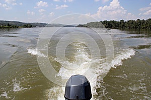 Traveling on Danube River with Motor Boat near Novi Sad in Vojvodina, Serbia