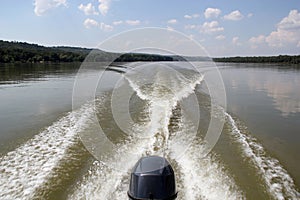 Traveling on Danube River with Motor Boat near Novi Sad in Vojvodina, Serbia