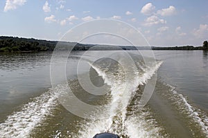 Traveling on Danube River with Motor Boat near Novi Sad in Vojvodina, Serbia