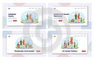 Traveling with Family Landing Page Template Set. Mother, Father and Children with Luggage and Photo Camera on Vacation