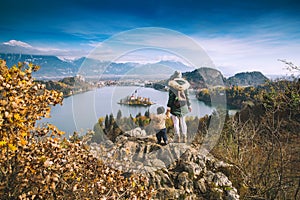 Traveling family looking on Bled Lake, Slovenia, Europe