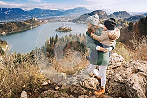 Traveling family looking on Bled Lake, Slovenia, Europe