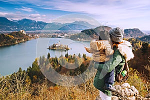 Traveling family looking on Bled Lake, Slovenia, Europe