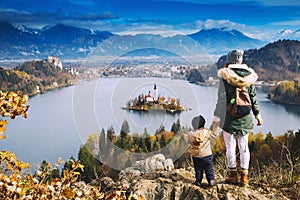 Traveling family looking on Bled Lake, Slovenia, Europe
