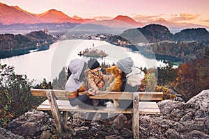 Traveling family looking on Bled Lake, Slovenia, Europe