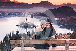 Traveling family looking on Bled Lake, Slovenia, Europe