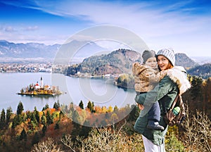 Traveling family looking on Bled Lake, Slovenia, Europe