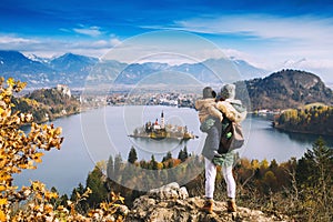 Traveling family looking on Bled Lake, Slovenia, Europe