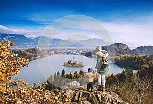 Traveling family looking on Bled Lake, Slovenia, Europe