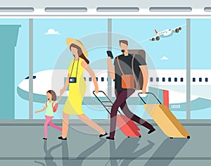 Traveling family with luggage in airpor terminal. People on vacation vector cartoon concept photo