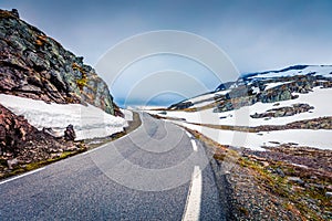 Traveling on the famous Aurlandsvegen - Mountain road Bjorgavegen, Aurland in Sogn og Fjordane county, Norway. Beautiful summer