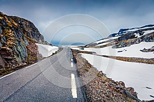 Traveling on the famous Aurlandsvegen - Mountain road Bjorgavegen, Aurland in Sogn og Fjordane county, Norway. Beautiful summer