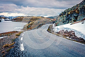 Traveling on the famous Aurlandsvegen - Mountain road Bjorgavegen, Aurland in Sogn og Fjordane county, Norway. Beautiful summer