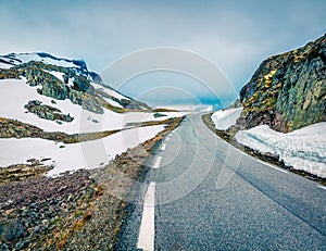 Traveling on the famous Aurlandsvegen - Mountain road Bjorgavegen, Aurland in Sogn og Fjordane county, Norway. Beautiful summer