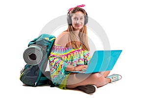 Traveling girl with laptop