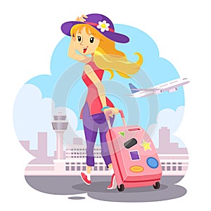 Traveling Girl With Pink Trolley Bag.