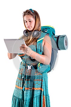 Traveling girl with tablet