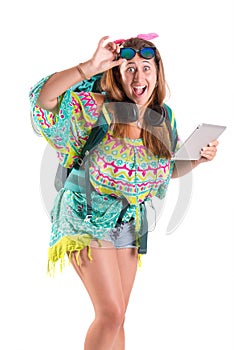 Traveling girl with tablet