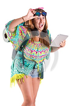 Traveling girl with tablet