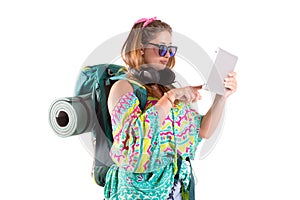 Traveling girl with tablet