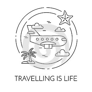 Traveling horizontal banner with airplane, palm and starfish Line art
