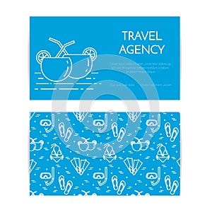 Traveling horizontal banner with beach cocktails. Seamless pattern with sea rest accessories for trip, tourism, travel agency, hot