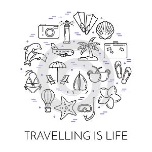 Traveling horizontal banner with palm on island, airplane, sailboat, beach, vacation icons