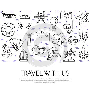 Traveling horizontal banner with palm on island, airplane, sailboat, beach, vacation icons