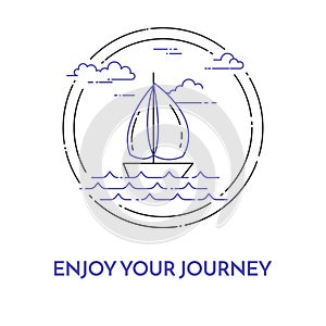 Traveling horizontal banner with sailboat on waves, clouds in circle for trip, tourism, travel agency, hotels, recreation card.