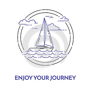 Traveling horizontal banner with sailboat on waves, clouds in circle for trip, tourism, travel agency, hotels, recreation card.