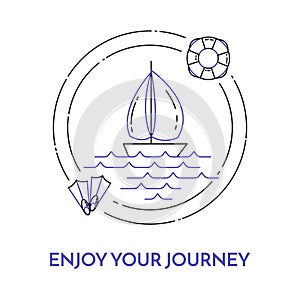 Traveling horizontal banner with sailboat on waves, flippers and lifebuoy for trip, tourism, travel agency, hotels, recreation car