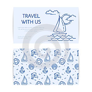 Traveling horizontal banner with sailboat on waves. Seamless pattern with sea rest accessories for trip, tourism, travel agency, h