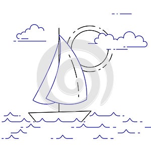 Traveling horizontal banner with sailboat on waves, sun and clouds for trip, tourism, travel agency, hotels, recreation card.