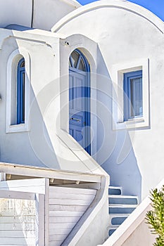 Traveling Ideas and Concepts. View of Traditional Blue and White Greek Architecture in Oia or Ia Village at Santorini Island in