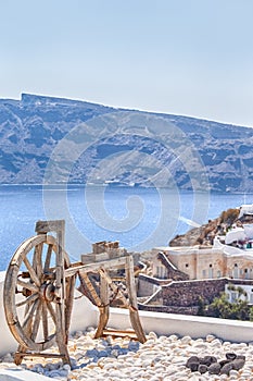 Traveling Ideas. View of Traditional Greek Spinning Wheel in Oia or Ia Village at Santorini Island in Greece