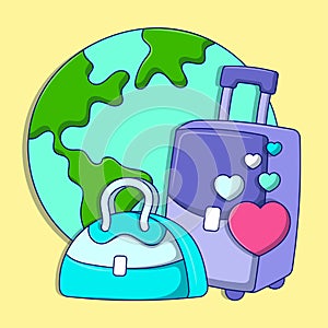 Traveling illustration with colored hand drawn outline doodle style