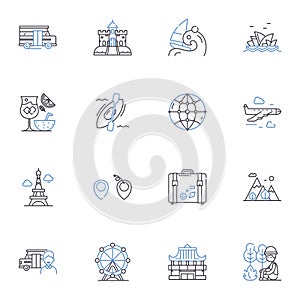 Traveling line icons collection. Adventure, Wanderlust, Exploration, Culture, Relaxation, Sightseeing, Immersion vector