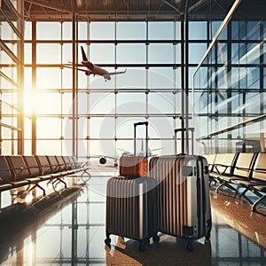 traveling luggage in airport terminal building and jet plane flying over urban scene