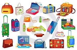 Traveling luggage icons isolated vector illustrations set. Suitcase for trip, open travel bag, journey baggage and