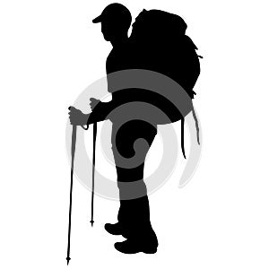 Traveling man with a backpack in a cap, black silhouette on a white background. Traveling in nature. Walk in the fresh air
