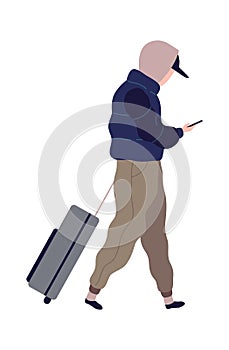 Traveling man with suitcase. Cartoon male character in airport terminal with bag and smartphone. Passenger waiting for