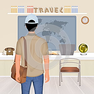 Traveling man in the travel agency