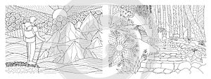 Traveling in nature adult coloring pages collection. Vector illustration