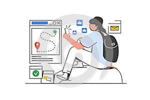 Traveling outline web concept with character scene. Woman with backpack tracking route in mobile app. People situation in flat