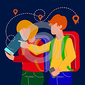 TRAVELING PEOPLE Characters With Mobile Map In Flat Style