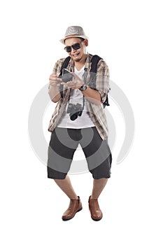 Traveling People Isolated on White. Male Backpacker Tourist Broke Empty Wallet