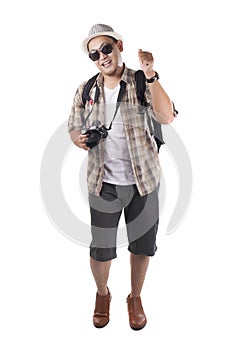 Traveling People Isolated on White. Male Backpacker Tourist Call