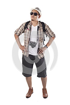 Traveling People Isolated on White. Male Backpacker Tourist, Loo