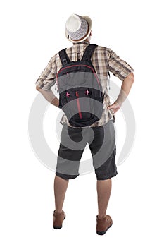 Traveling People Isolated on White. Male Backpacker Tourist. Rear View