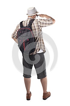 Traveling People Isolated on White. Male Backpacker Tourist. Rear View